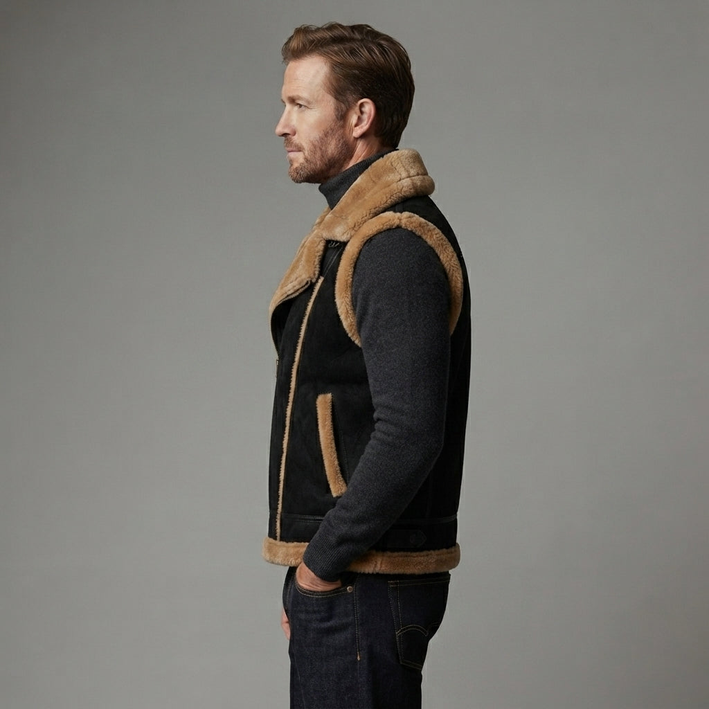 Men's Black Shearling Leather Vest - Leather Outlet