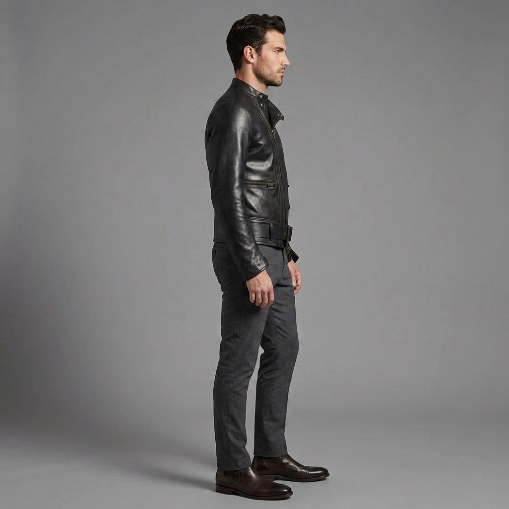 Black Plain Leather Jacket for Men