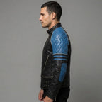 Handmade Men's Black With Blue Shoulder Genuine Leather Jacket