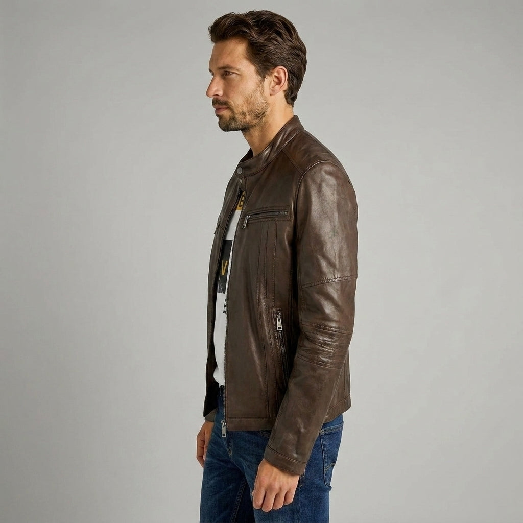 Buy Men's Slim Fit Brown Leather Jacket