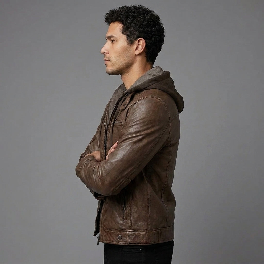 Hooded Brown Leather Jacket