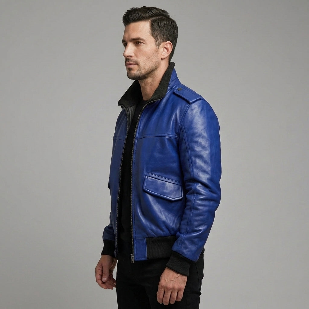 Men's Aviator Blue Leather Bomber Jacket