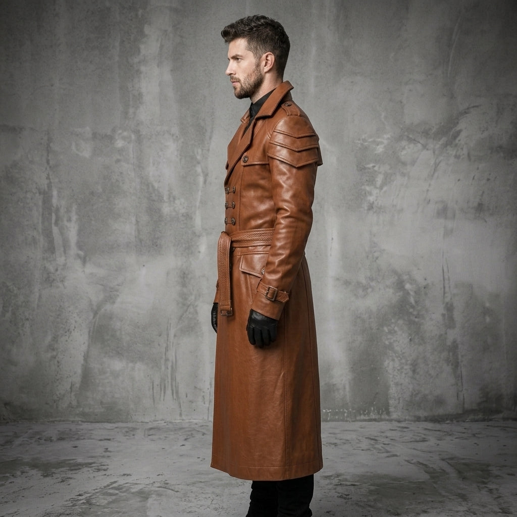 Men's Brown Leather Trench Coat