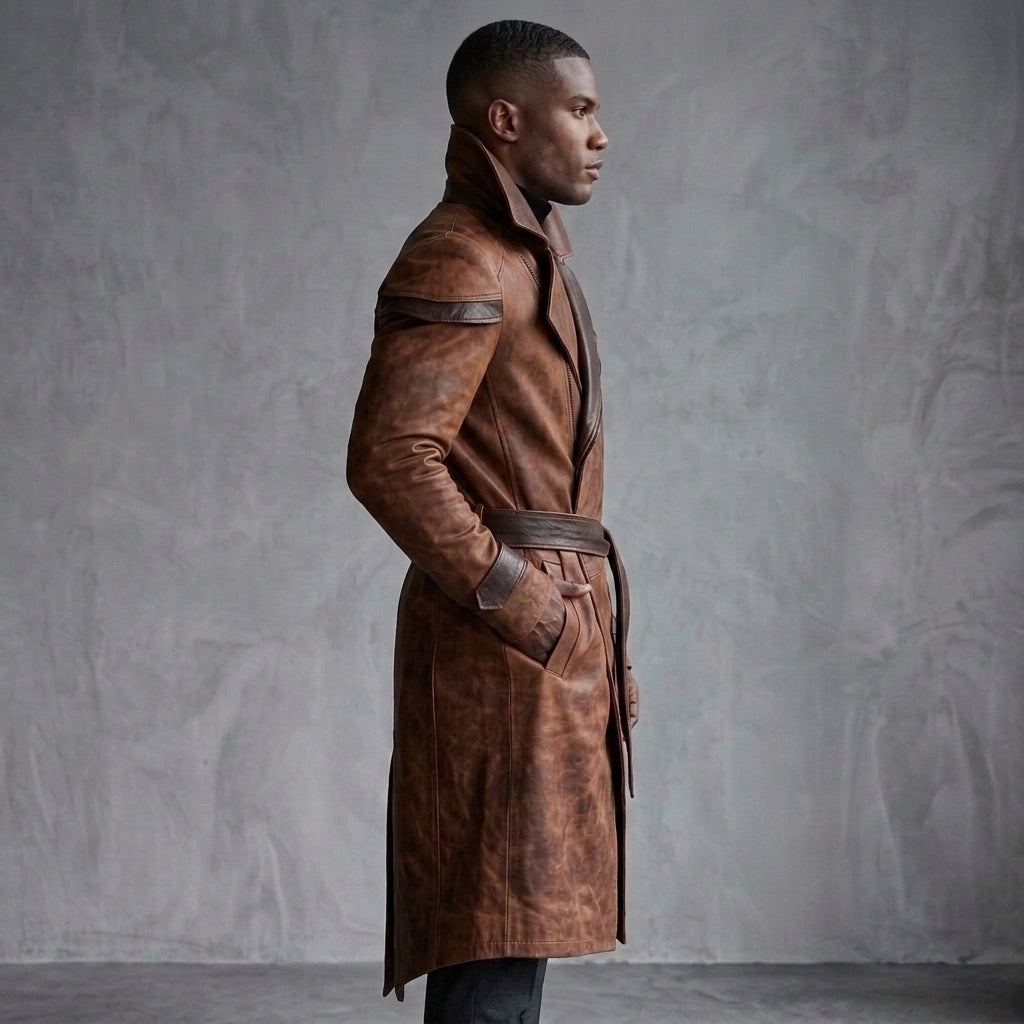 Men's Brown Leather Trench Coat