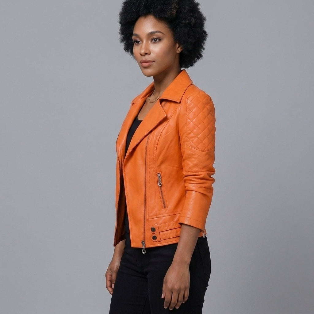 Buy Women's Orange Leather Motorcycle Jacket