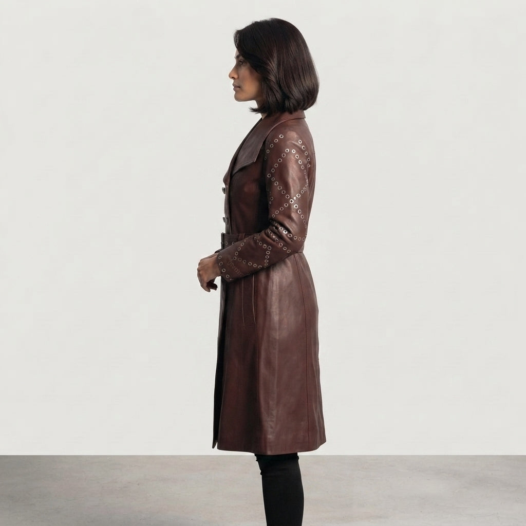 Women's  Faux Brown Leather Trench Coat