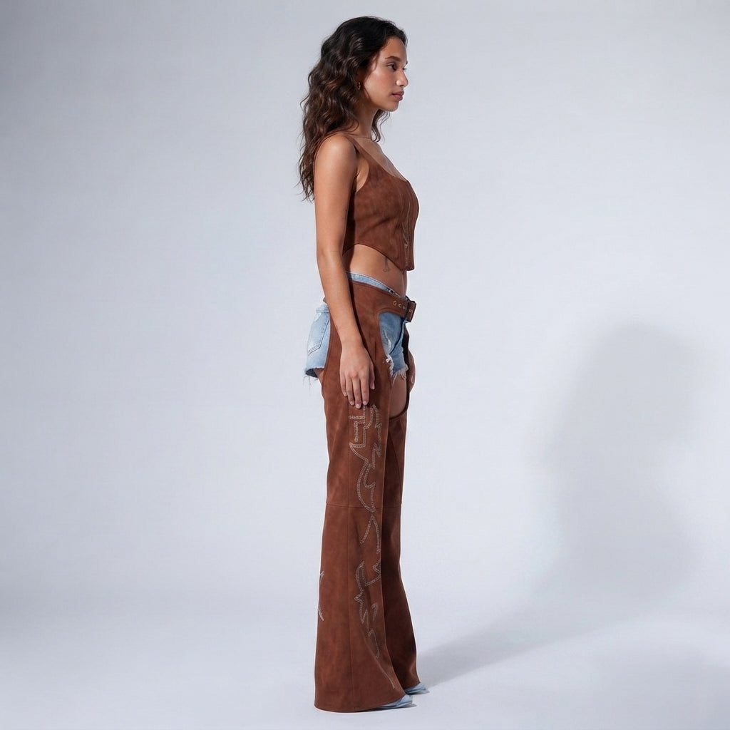 Women Brown and Blue Leather Chaps