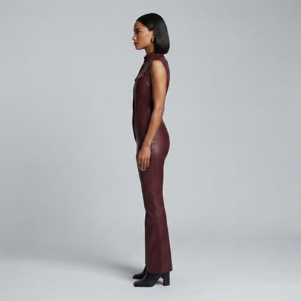Women's Brown Leather Jumpsuit