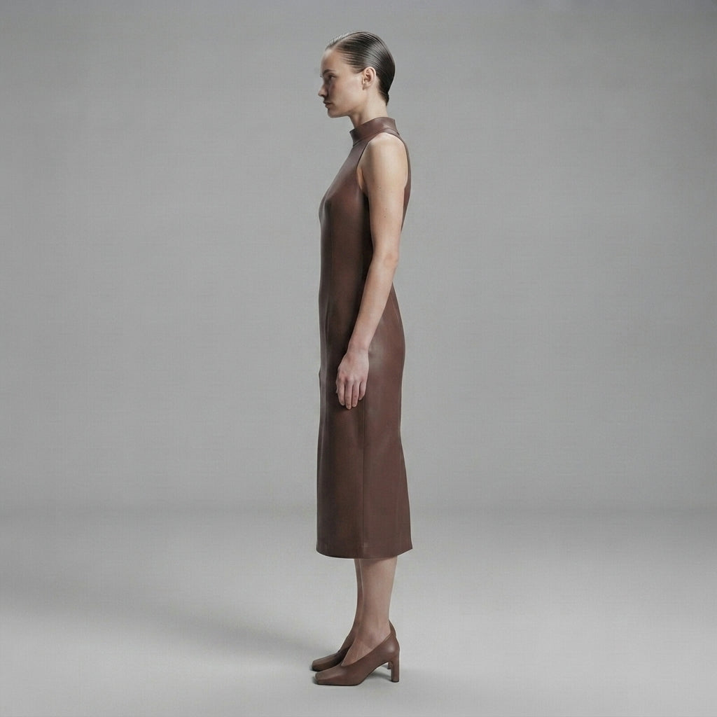 Buy Women's Brown  Sleeveless Leather Dress