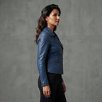 Women's Blue Leather Biker Jacket