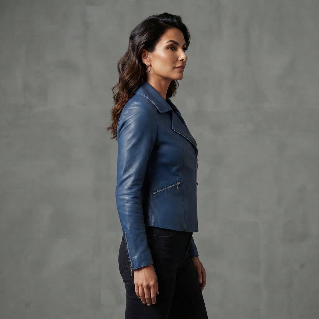 Women's Blue Leather Biker Jacket