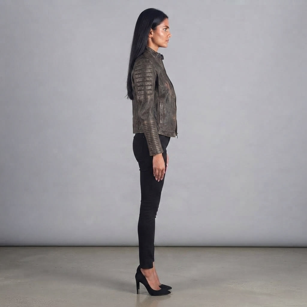 Buy Women's Dark Brown Rub-off Cafe Racer Leather Jacket