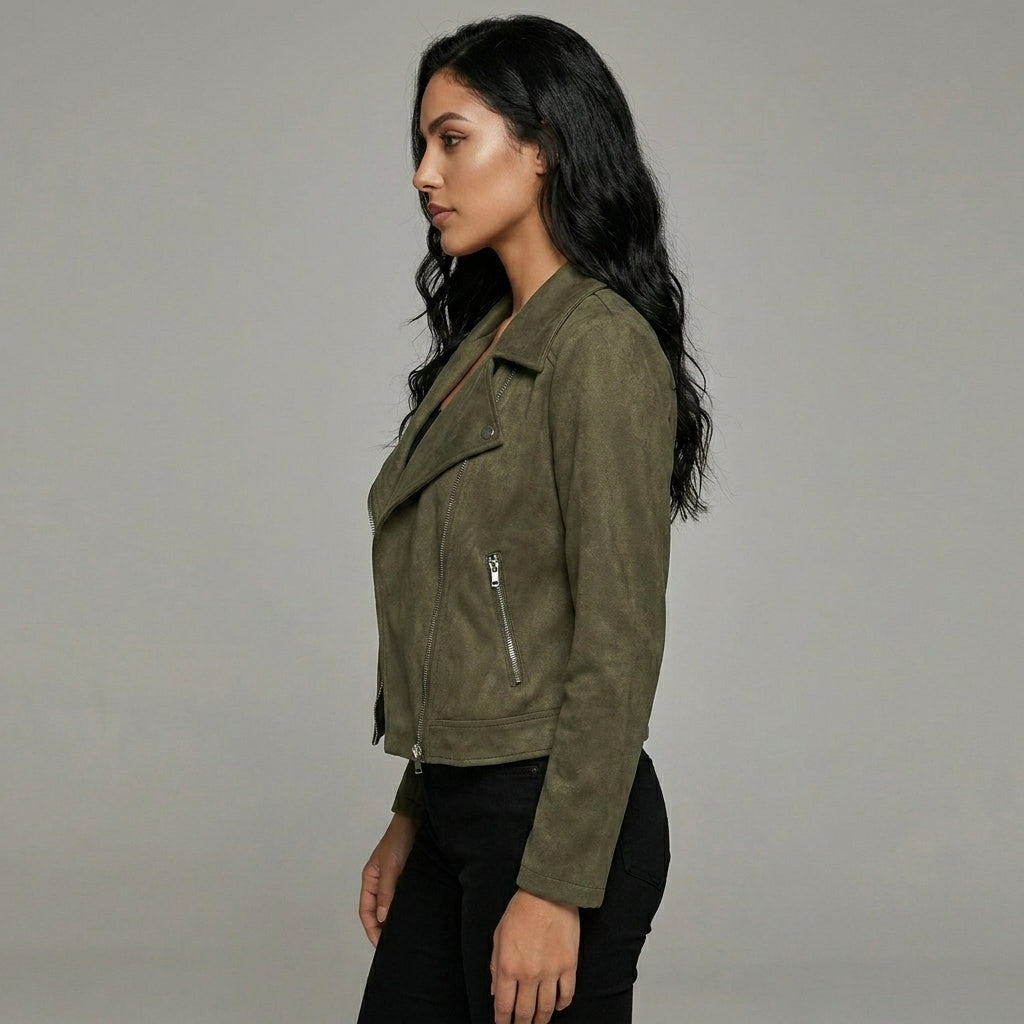 Women's Suede Zip-Up Moto Biker Jacket