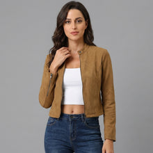 Laden Sie das Bild in den Galerie-Viewer, Women's Brown Suede Cropped Moto Jacket
