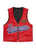 Supreme spider web red leather vest front view showing bold red genuine leather with web stitching