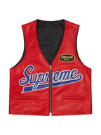 Supreme spider web red leather vest front view showing bold red genuine leather with web stitching