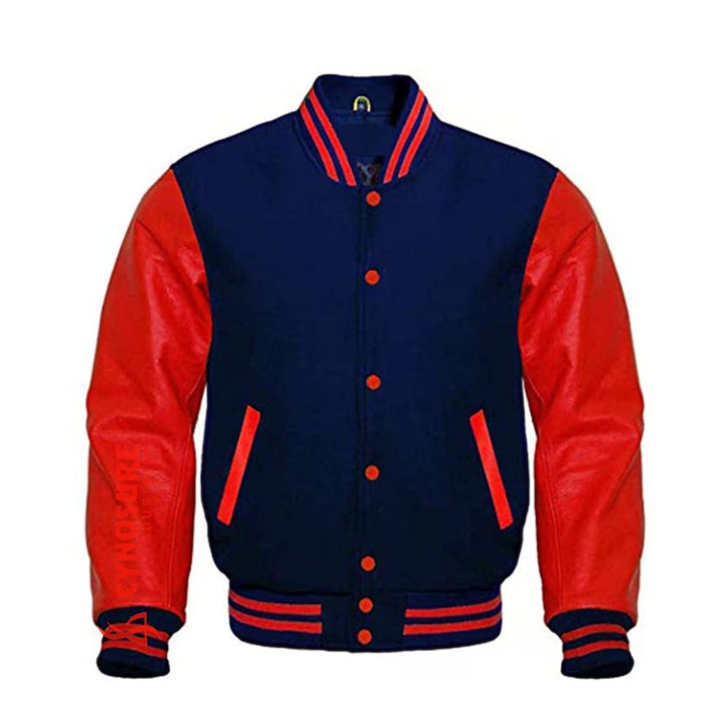 Varsity Jacket Navy Wool Body Genuine Red Leather jacket Leather Outlet