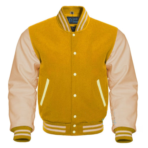 Varsity Letterman Yellow Wool and Leather Sleeves Jacket Leather Outlet