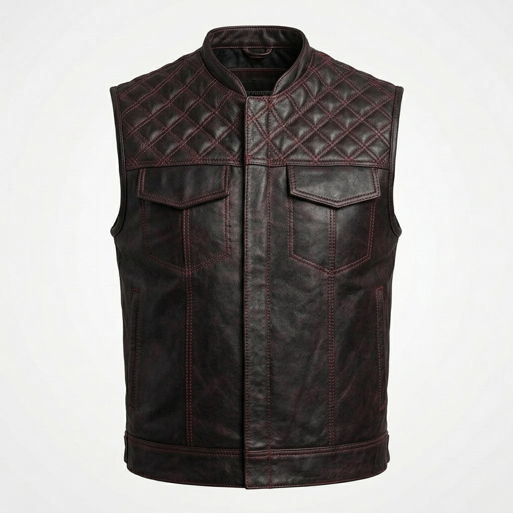 Men’s Leather Motorcycle Vest with Diamond Stitch – Biker Riding Vest