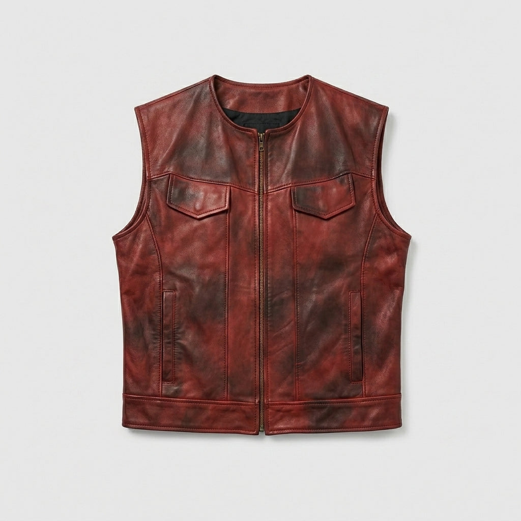 Men’s Vintage Red Leather Biker Vest – Classic Motorcycle Riding Vest