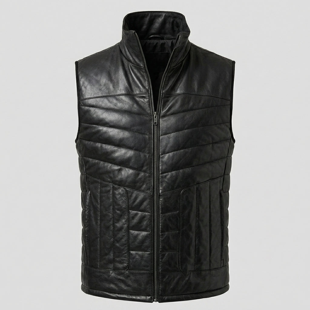 Men’s Black Quilted Leather Puffer Vest – Insulated Biker Vest