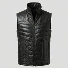 Load image into Gallery viewer, Men’s Black Quilted Leather Puffer Vest – Insulated Biker Vest
