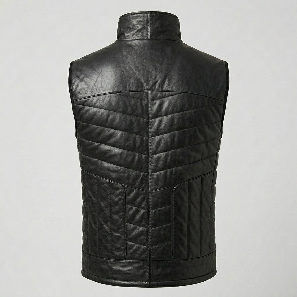 Men’s Black Quilted Leather Puffer Vest – Insulated Biker Vest