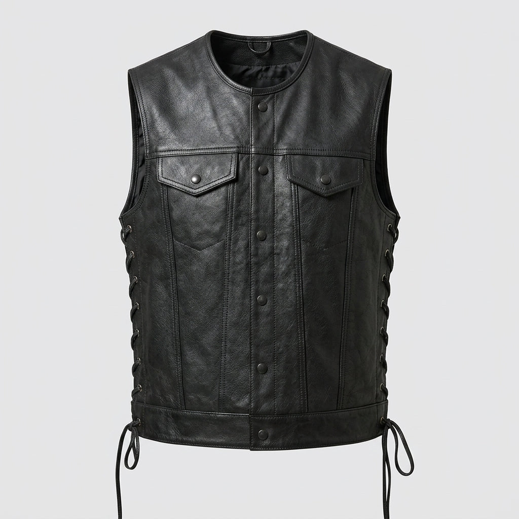 Men’s Black Sheepskin Leather Biker Vest – Premium Motorcycle Vest