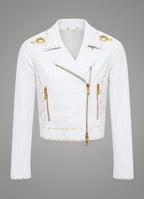 Signature Snow White Leather Biker Jacket – Gold Studded Luxury Moto