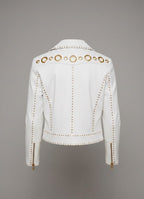 Signature Snow White Leather Biker Jacket – Gold Studded Luxury Moto