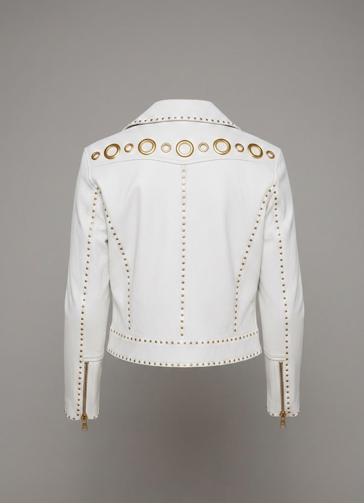 Signature Snow White Leather Biker Jacket – Gold Studded Luxury Moto