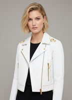 Signature Snow White Leather Biker Jacket – Gold Studded Luxury Moto