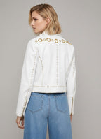 Signature Snow White Leather Biker Jacket – Gold Studded Luxury Moto