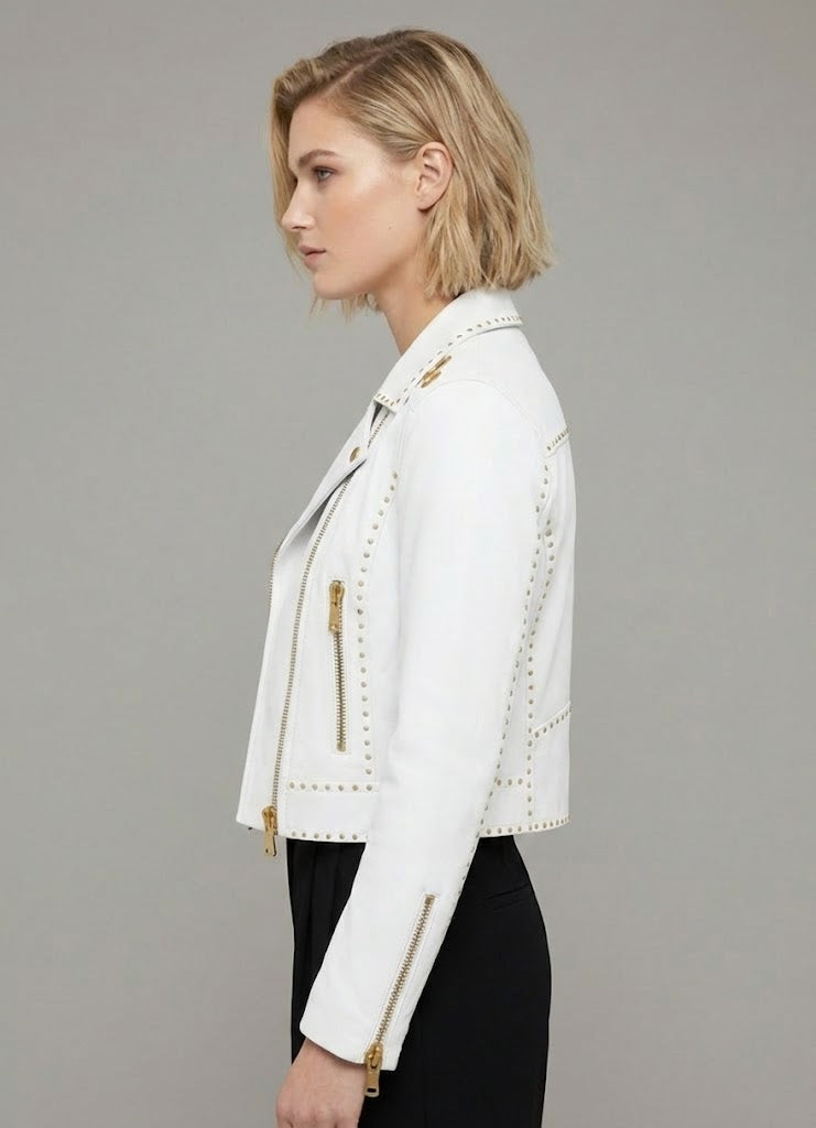 Signature Snow White Leather Biker Jacket – Gold Studded Luxury Moto