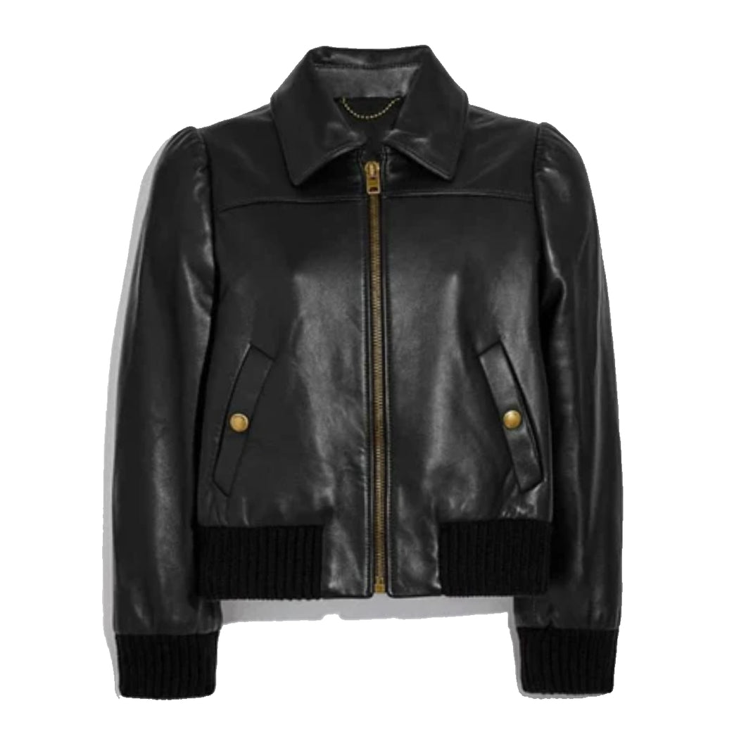 Women Black Shearling Leather Bomber Jacket