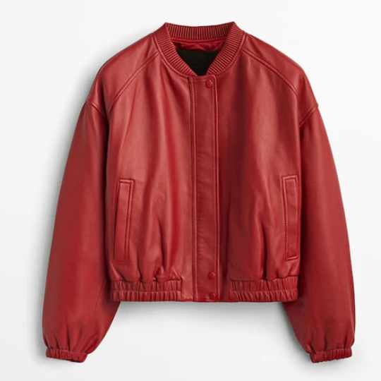 Damen rote Shearling Leder Bomberjacke