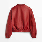 Damen rote Shearling Leder Bomberjacke