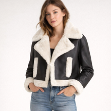 Load image into Gallery viewer, Women's Black Leather &amp; White Shearling Jacket
