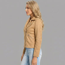 Load image into Gallery viewer, Women's Camel Suede Biker Jacket
