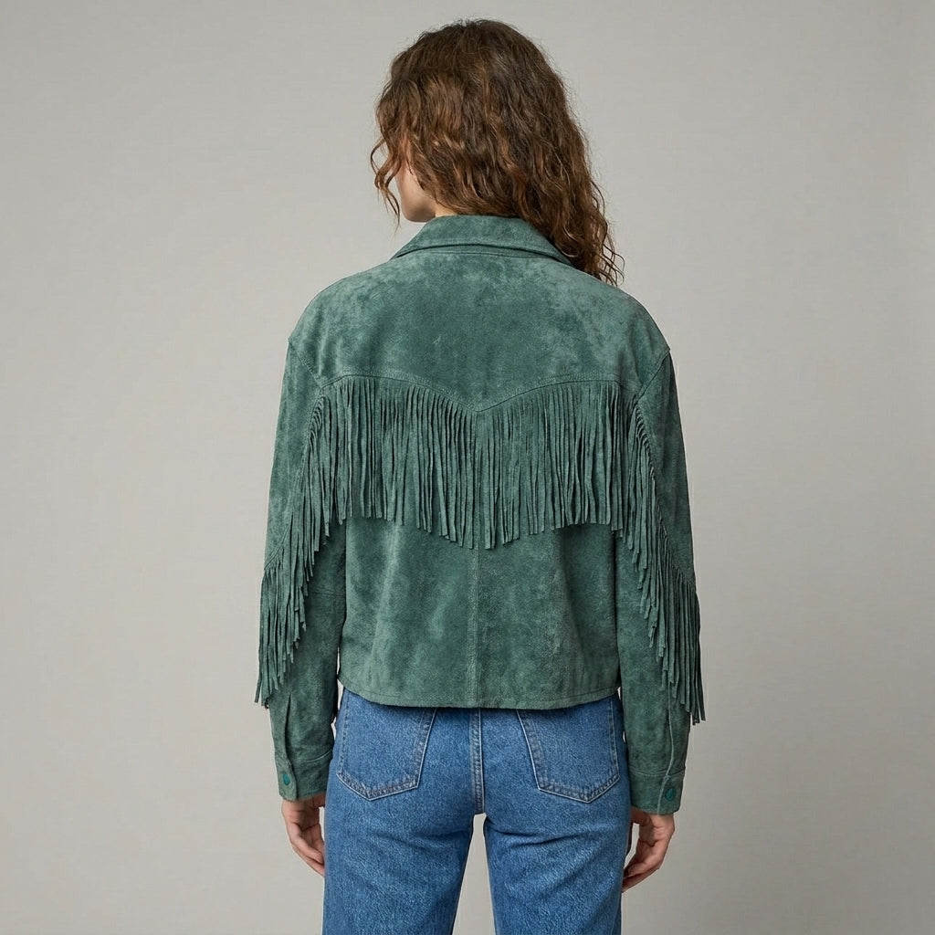 Women's Green Fringed Western Leather Jacket