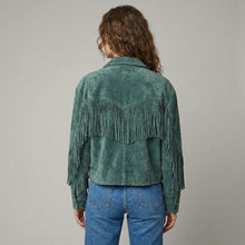 Laden Sie das Bild in den Galerie-Viewer, Women's Green Fringed Western Leather Jacket
