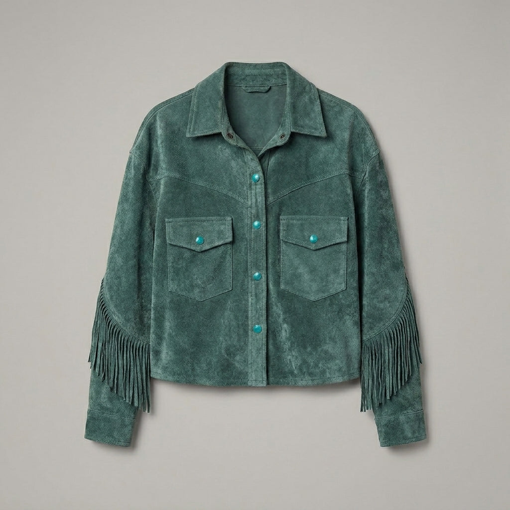 Women's Green Fringed Western Leather Jacket