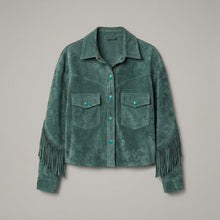Laden Sie das Bild in den Galerie-Viewer, Women's Green Fringed Western Leather Jacket
