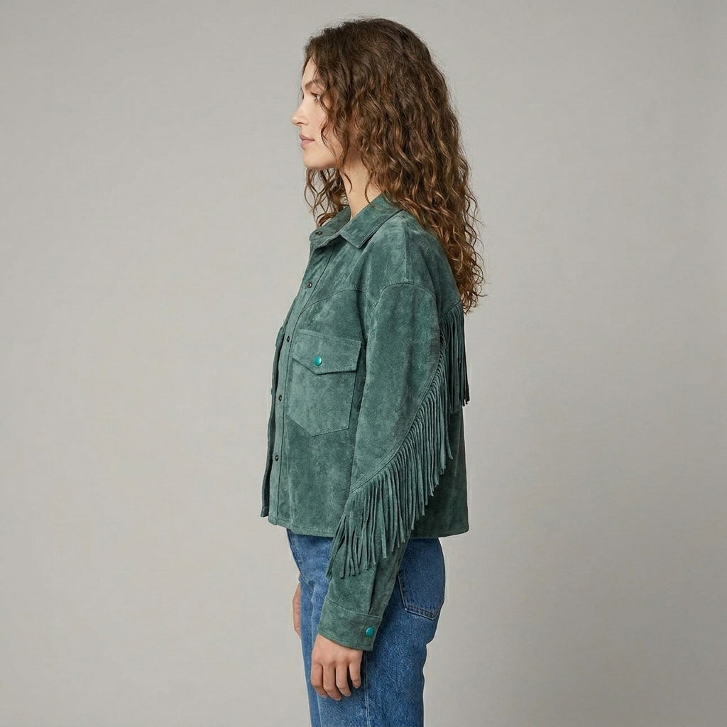 Women's Green Fringed Western Leather Jacket