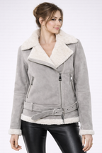 Women's Grey Leather & White Shearling Jacket