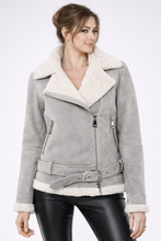Load image into Gallery viewer, Women's Grey Leather &amp; White Shearling Jacket
