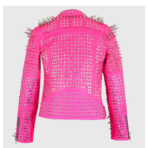 Women's Handmade Long Spiked Leather jacket Leather Outlet
