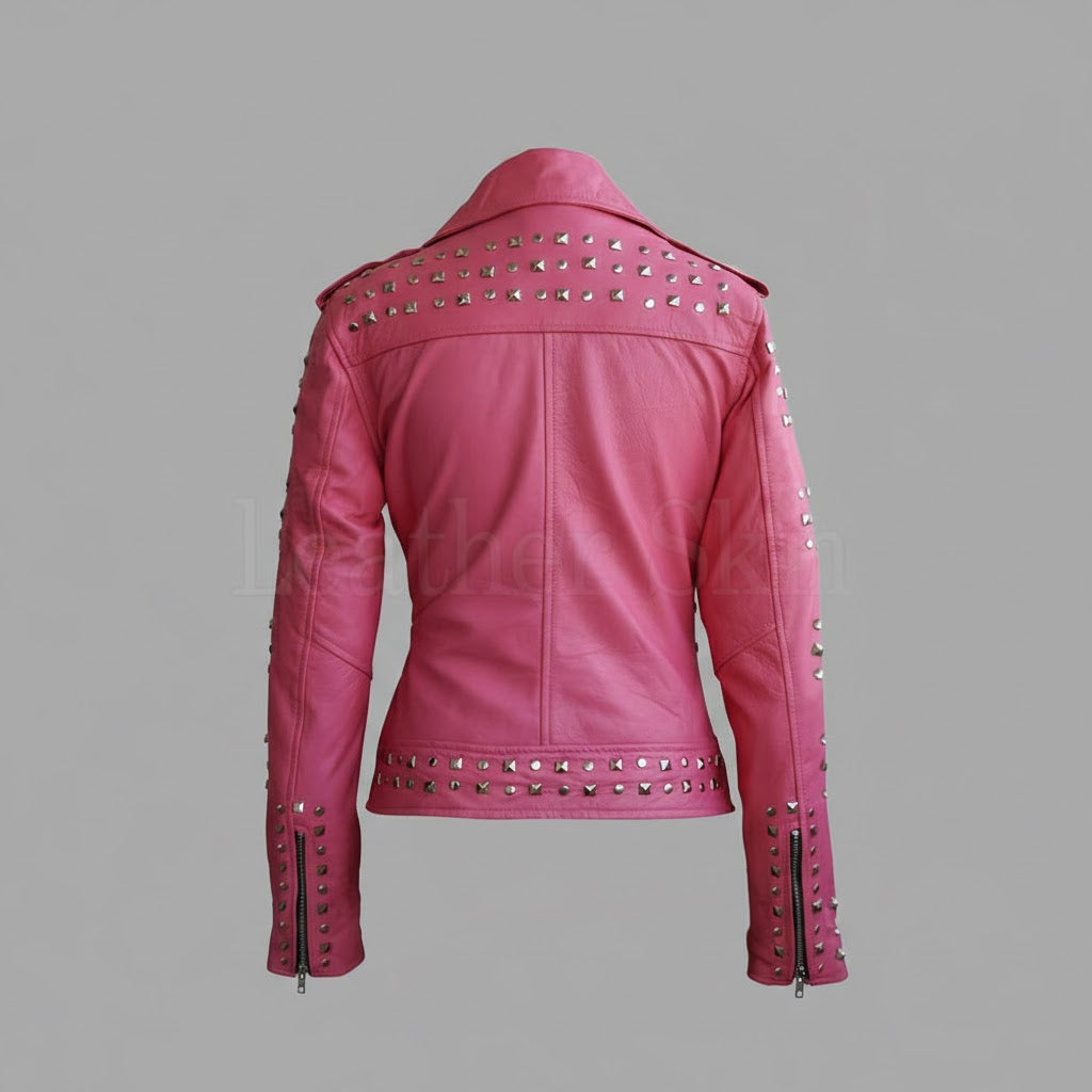 Women’s Pink Studded Leather Biker Jacket – Genuine Moto Jacket