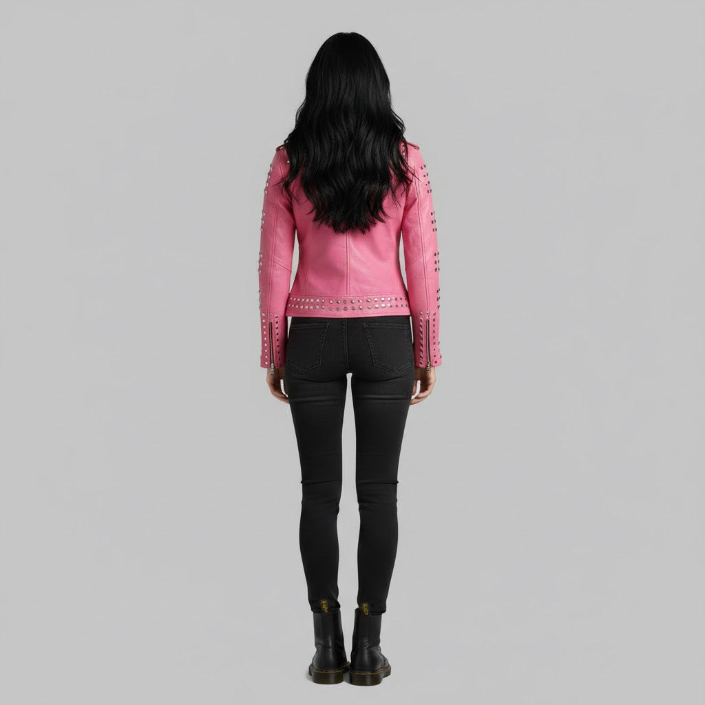 Women’s Pink Studded Leather Biker Jacket – Genuine Moto Jacket
