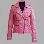 Women’s Pink Studded Leather Biker Jacket – Genuine Moto Jacket